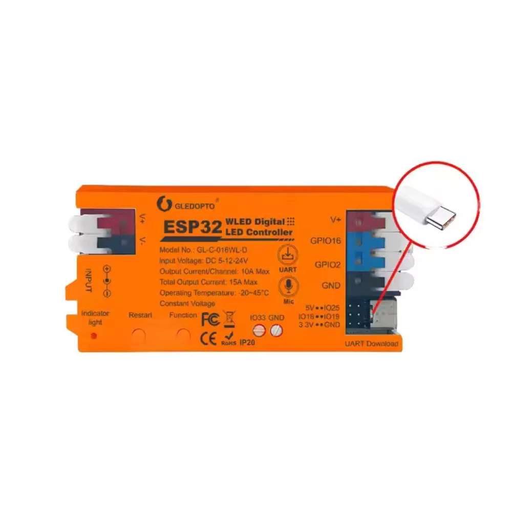 Gledopto GL-C-016WL-D WLED RGBIC light strip controller, with microphone and DIY mode (USB-C port)